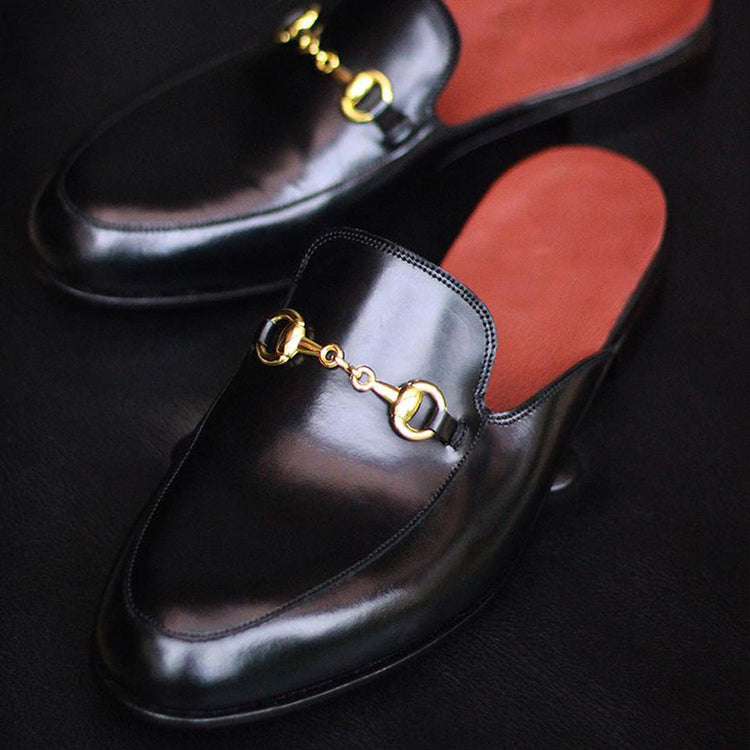 Height Increasing Black Leather Leiria Horsebit Slippers