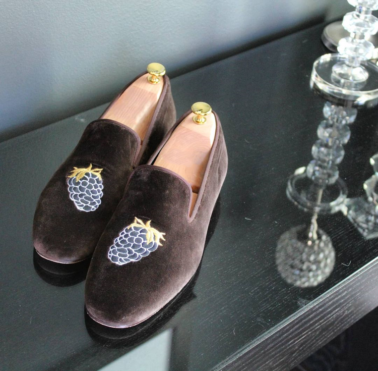 Height Increasing Brown Leather Asturias Grape Embroidered Loafers