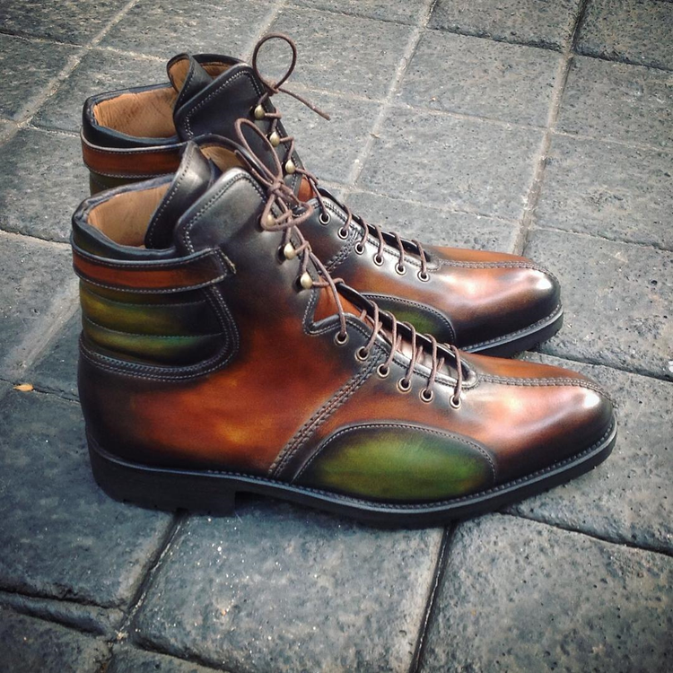 Height Increasing Tan and Green Leather Hellin Chelsea Boots