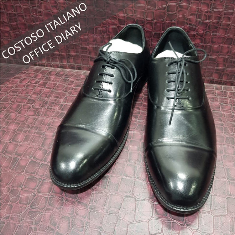 Height Increasing Black Leather Woodford Balmoral Toe Cap Oxfords - Formal Shoes