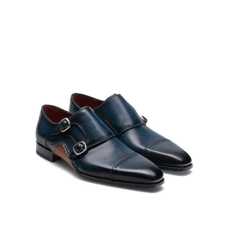 Height Increasing Navy Blue Leather Victoria Monk Strap Shoes