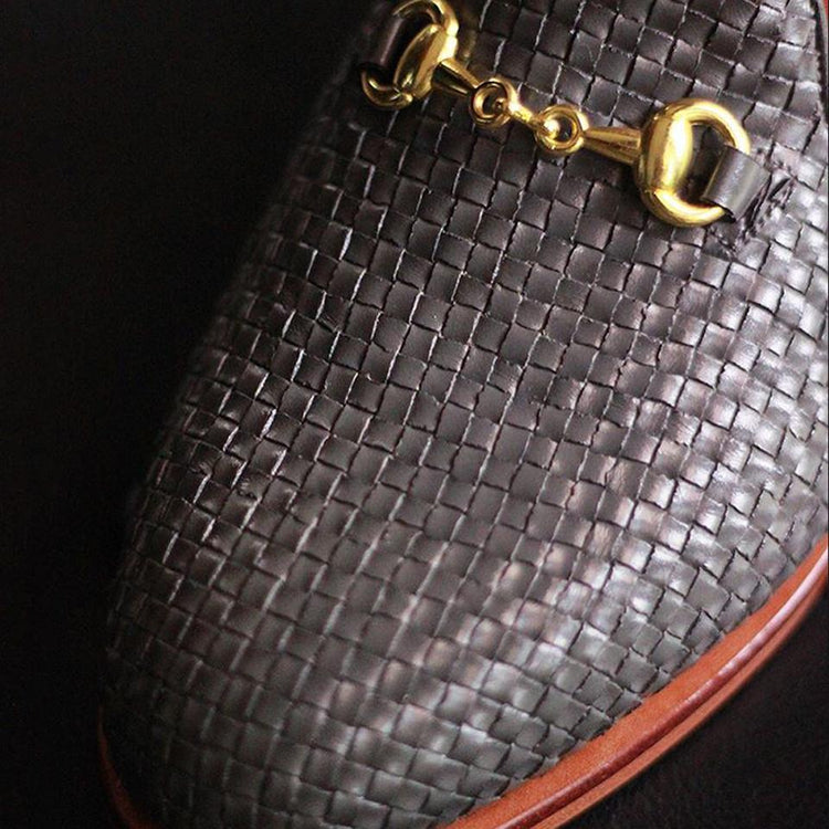 Flat Feet Shoes - Black Woven Braided Leather Leiria Horsebit Slippers with Arch Support