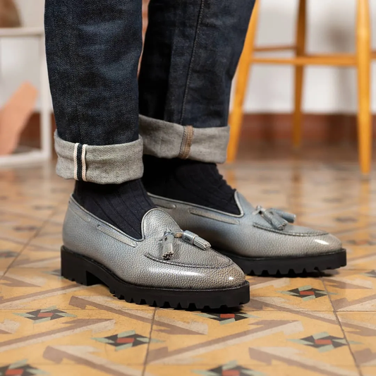 Silver Leather Anessa Chunky Tassel Loafers - With Track Soles