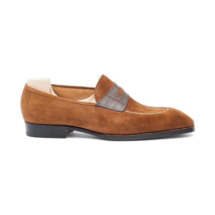 Flat Feet Shoes - Goodyear Welted Vizela Tan Suede Croc Printed Penny Loafer With Violin Leather Sole with Arch Support