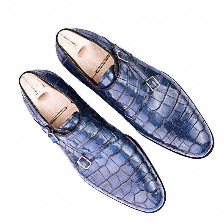 Flat Feet Shoes - Goodyear Welted Aveiro Navy Blue Leather Croc Print Double Monk Strap With Violin Leather Sole with Arch Support