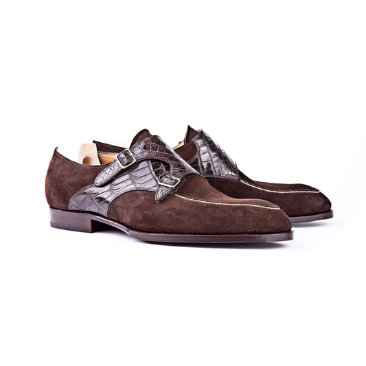 Goodyear Welted Murtosa Brown Suede and Leather Croc Print Double Monk Strap With Violin Leather Sole