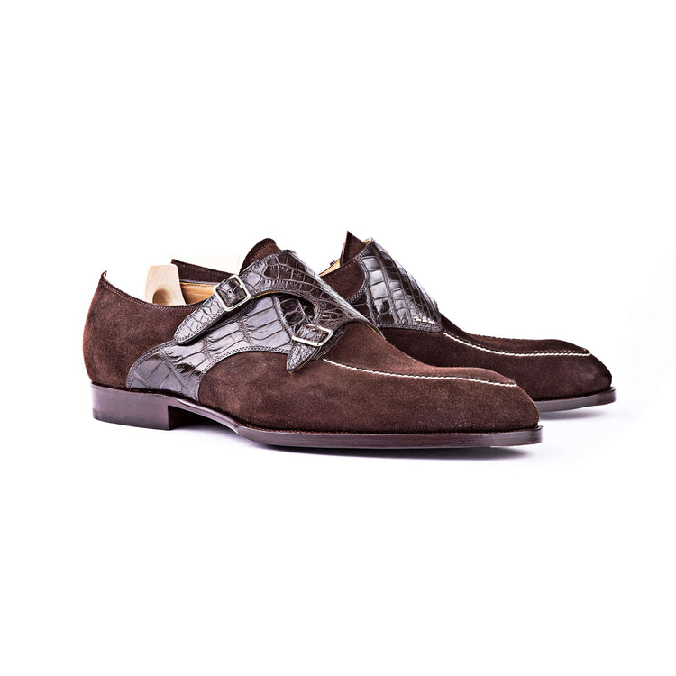 Goodyear Welted Murtosa Brown Suede and Leather Croc Print Double Monk Strap With Violin Leather Sole