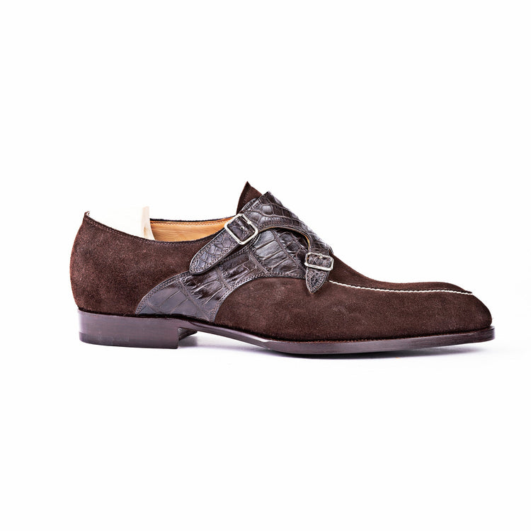 Height Increasing Goodyear Welted Murtosa Brown Suede and Leather Croc Print Double Monk Strap With Violin Leather Sole
