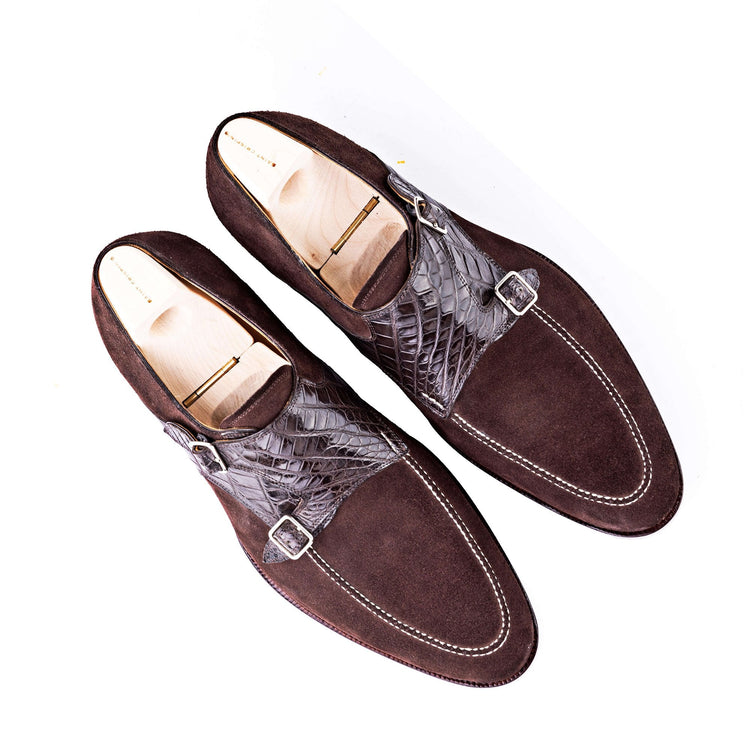 Flat Feet Shoes - Goodyear Welted Murtosa Brown Suede and Leather Croc Print Double Monk Strap With Violin Leather Sole with Arch Support