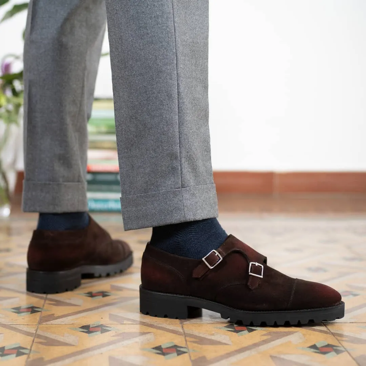 Brown Suede Krewsten Chunky Monk Strap Shoes with Toecap - With Track Soles