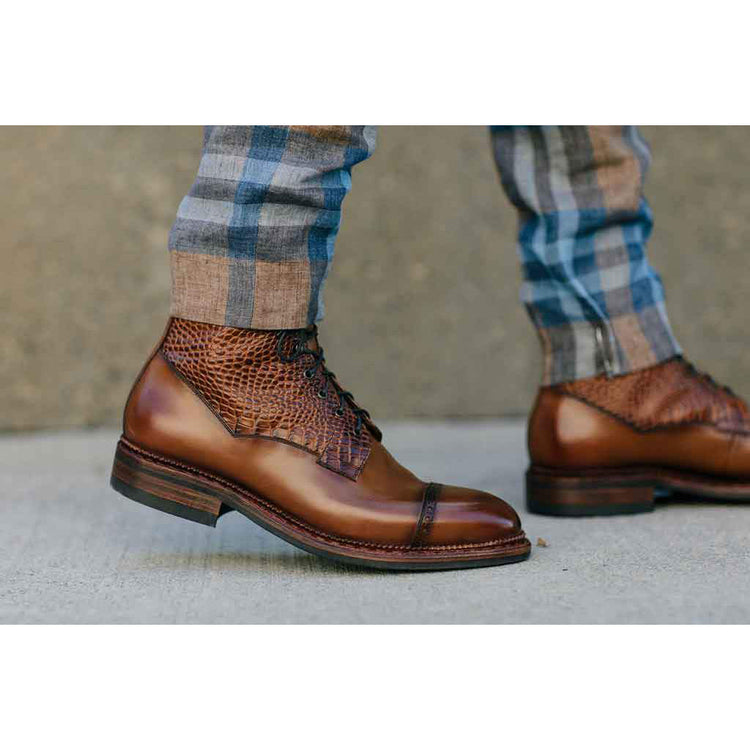Tan Alligator Textured Leather Furzton Lace Up Boots