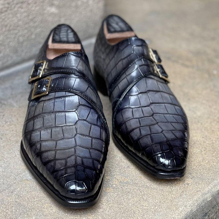 Grey Crocodile Leather Robore Double Monk Straps