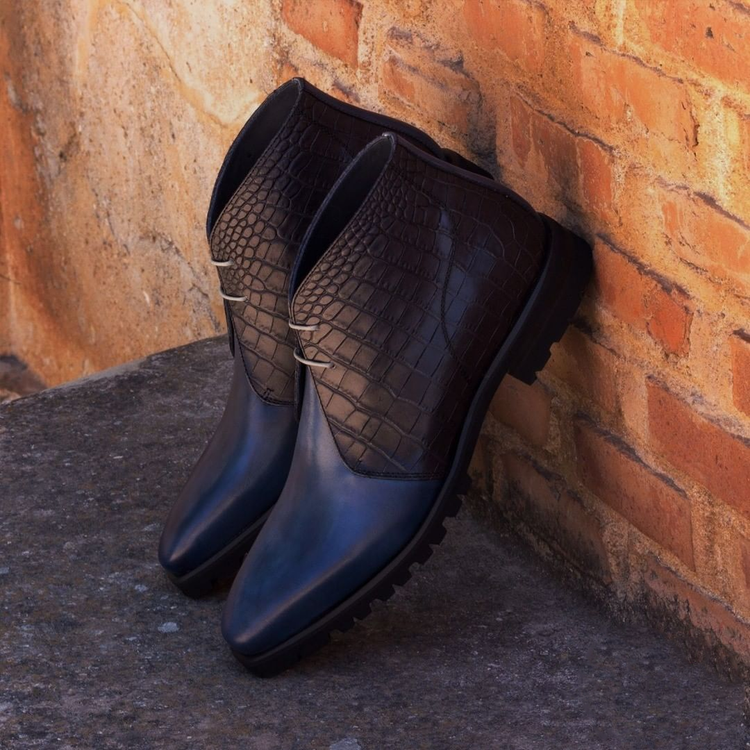 Navy Blue Crocodile Leather Dobrich Chukka Chunky Boots with Track Sole