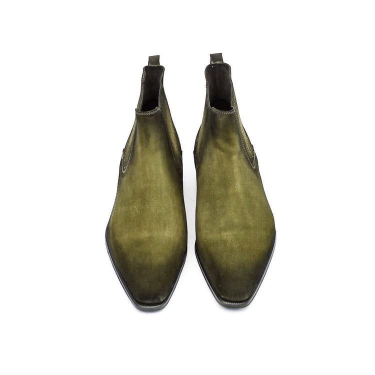 Height Increasing Goodyear Welted Cadaval Green Suede Chelsea Boot with Violin Leather Sole