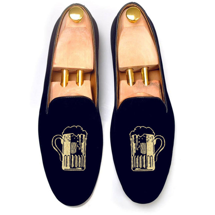 Blue Velvet Beer Embroidered Loafers