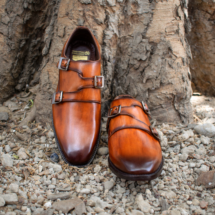 Tan Leather Leminst Monk Strap Shoes