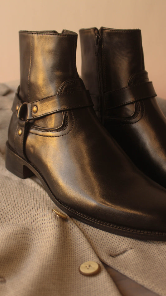 Black Leather Fabrigo Harness Chelsea Boots