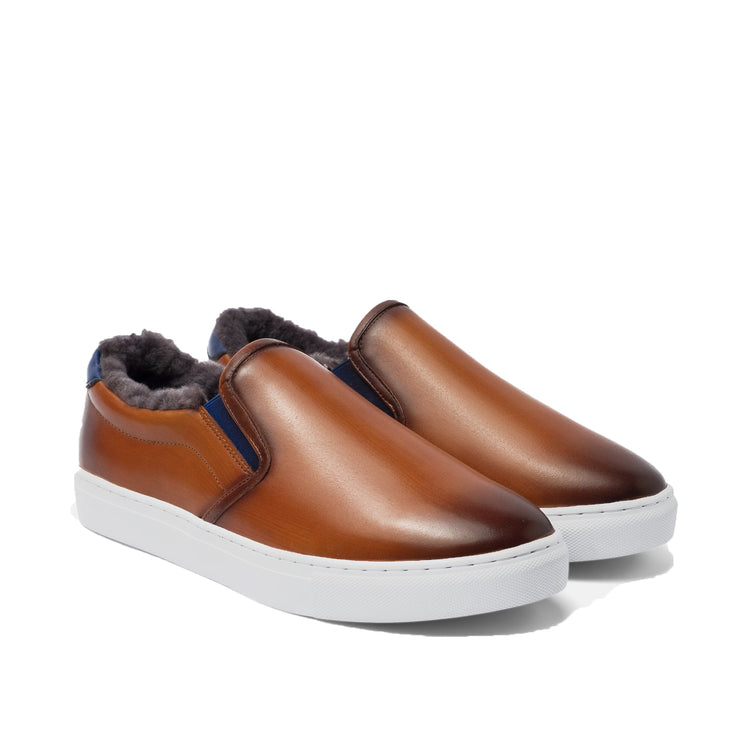Height Increasing Tan Leather Alton Shearling Cuff Sneakers