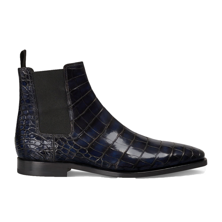 Navy Blue Alligator Textured Leather Evington Chelsea Slip On Boots