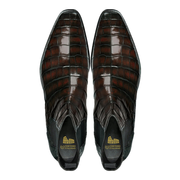 Height Increasing Brown Alligator Textured Leather Evington Chelsea Slip On Boots