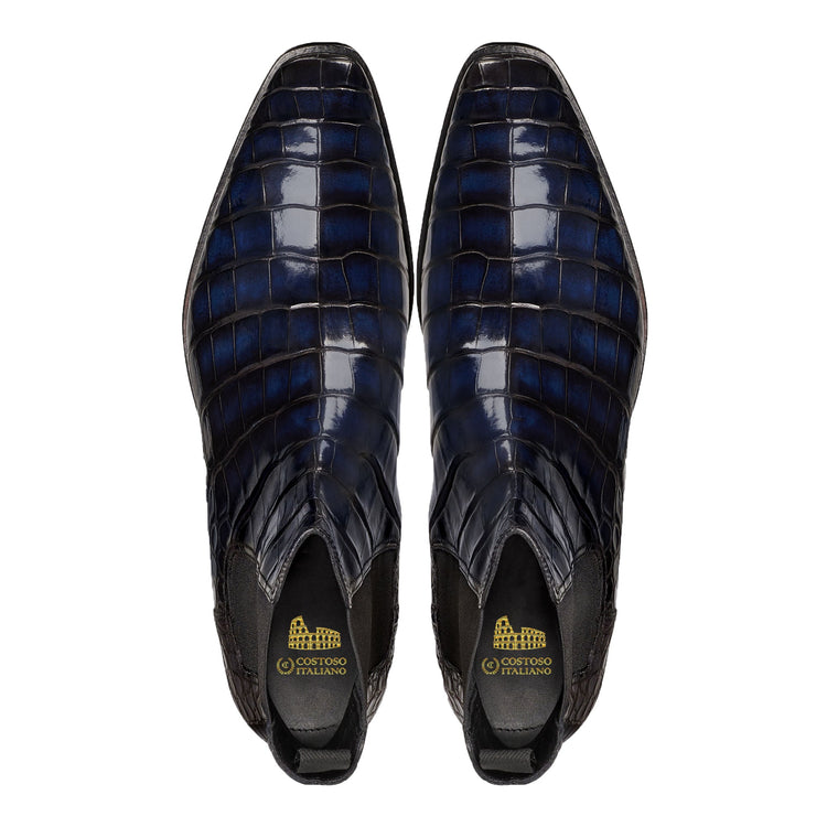 Navy Blue Alligator Textured Leather Evington Chelsea Slip On Boots