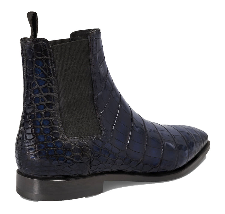 Navy Blue Alligator Textured Leather Evington Chelsea Slip On Boots