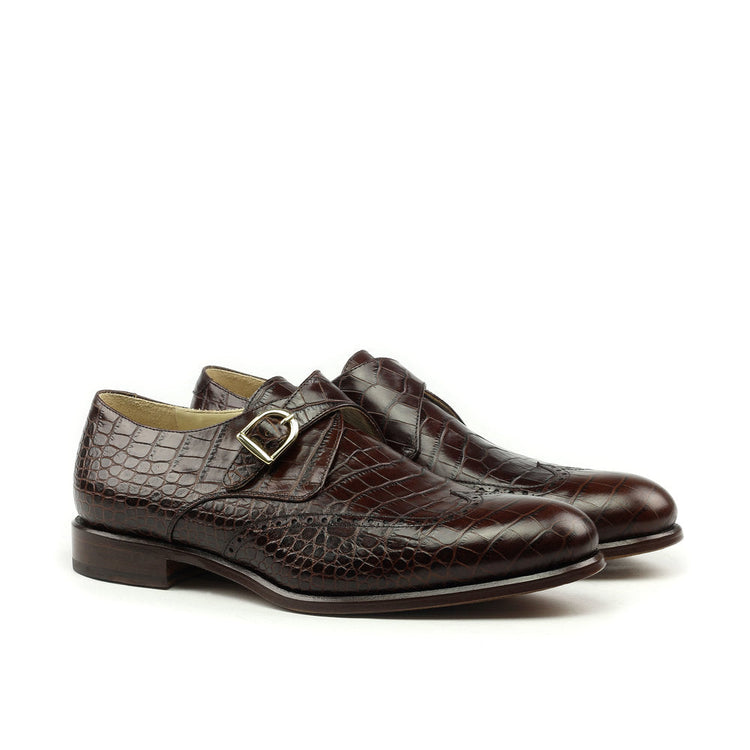 Goodyear Welted Guarda Brown Leather Croc Print Double Monk Strap With Violin Leather Sole
