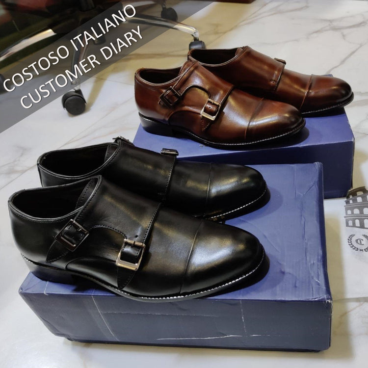 Flat Feet Shoes - Black Leather Castle Monk Straps with Arch Support