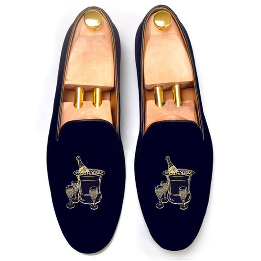 Height Increasing Blue Velvet Champagne Party Embroidered Loafers