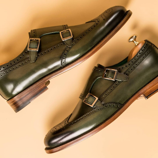 Green Leather Arbon Brogue Toe Cap Double Monk Straps