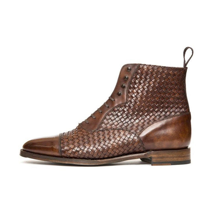 Flat Feet Shoes - Brown Braided Leather Efford Lace Up Boots with Arch Support