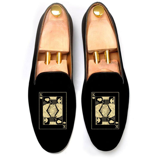 Flat Feet Shoes - Black Velvet King of Hearts Embroidered Loafers with Arch Support