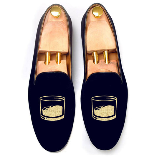 Height Increasing Blue Velvet Scotch Embroidered Loafers