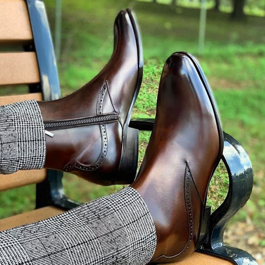 Height Increasing Brown Leather Beja Zipper Boots